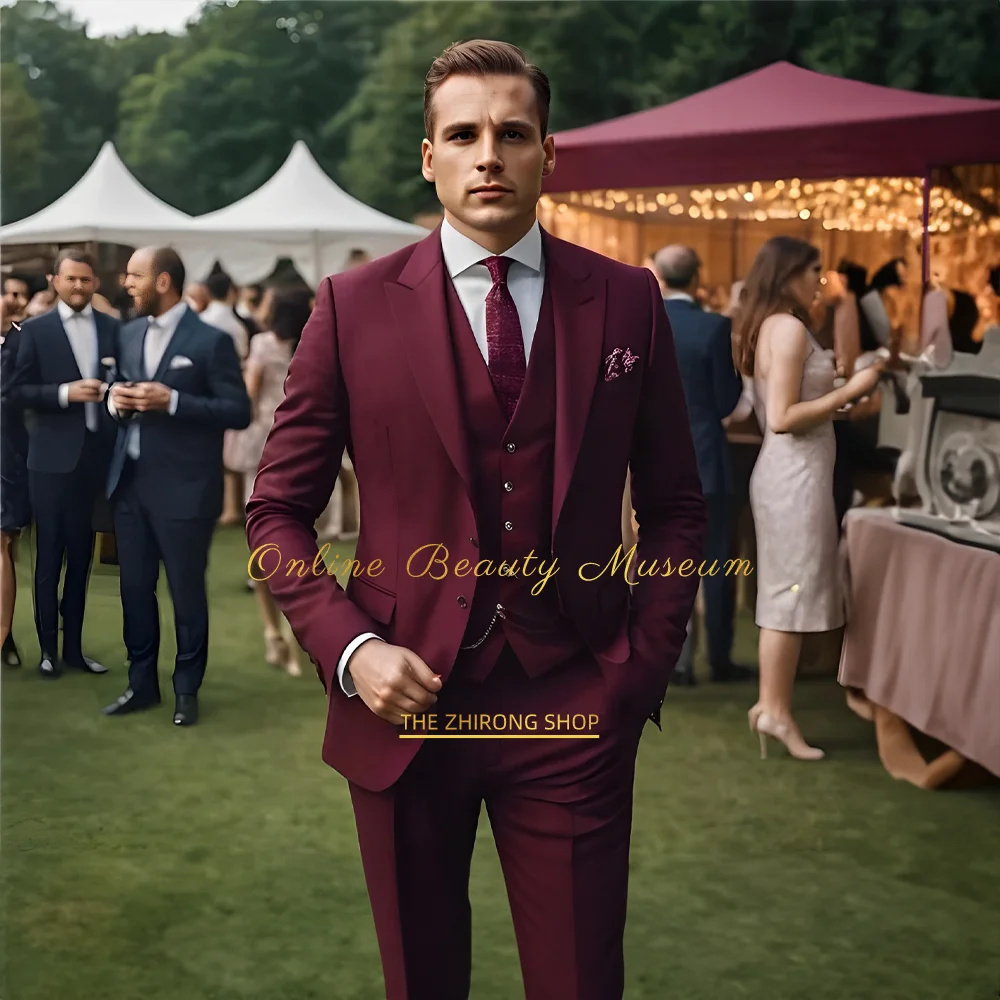 

Mens Burgundy 3-Piece Suit (Jacket+Pants+Vest) Single Breasted Peak Lapel Regular Length Luxury Wedding Dinner Party, HANDMADE