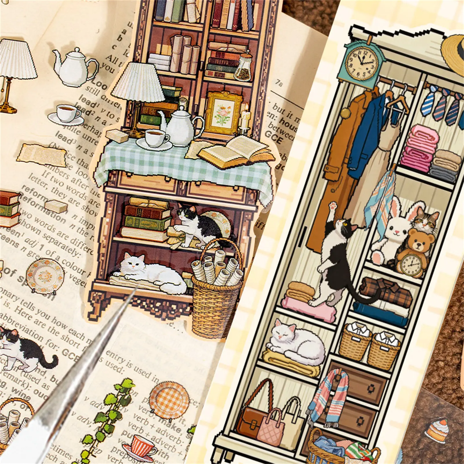 Paper Based Bookmark Set Pixel Style Miniature Scene Sticker Book for Students Journaling Scrapbooking Reading Planners