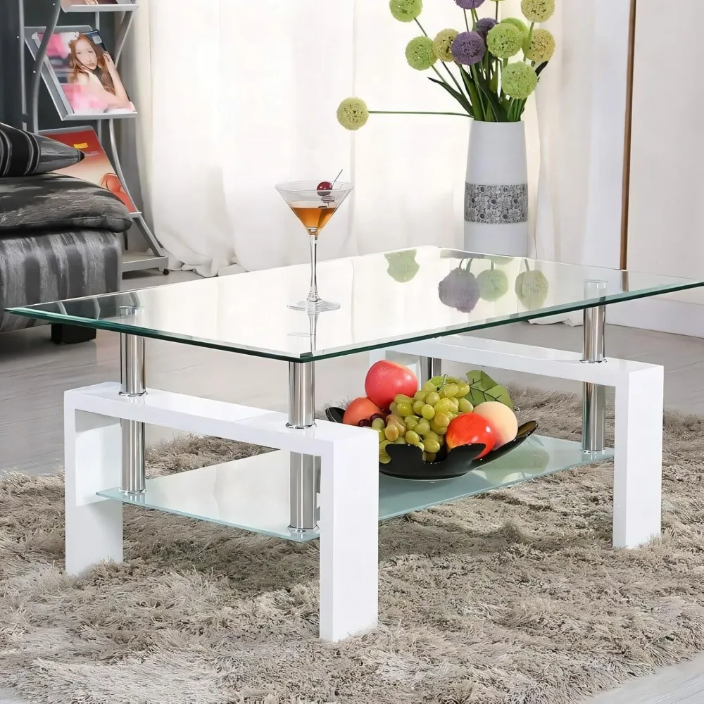 

Rectangle Tempered Glass Coffee Table, 2-Tier Tea Table Modern Side Coffee Table with Lower Shelf & Wooden Legs, Center Coffee T