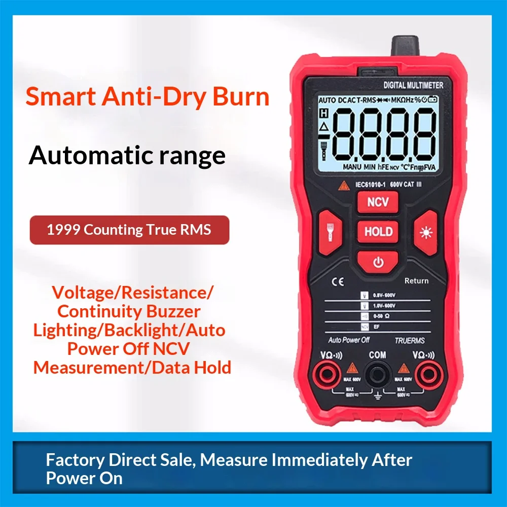 

UA168 Auto-Ranging Digital Multimeter 600V, NCV Non-Contact Tester, Measures Voltage Current Resistance Temperature