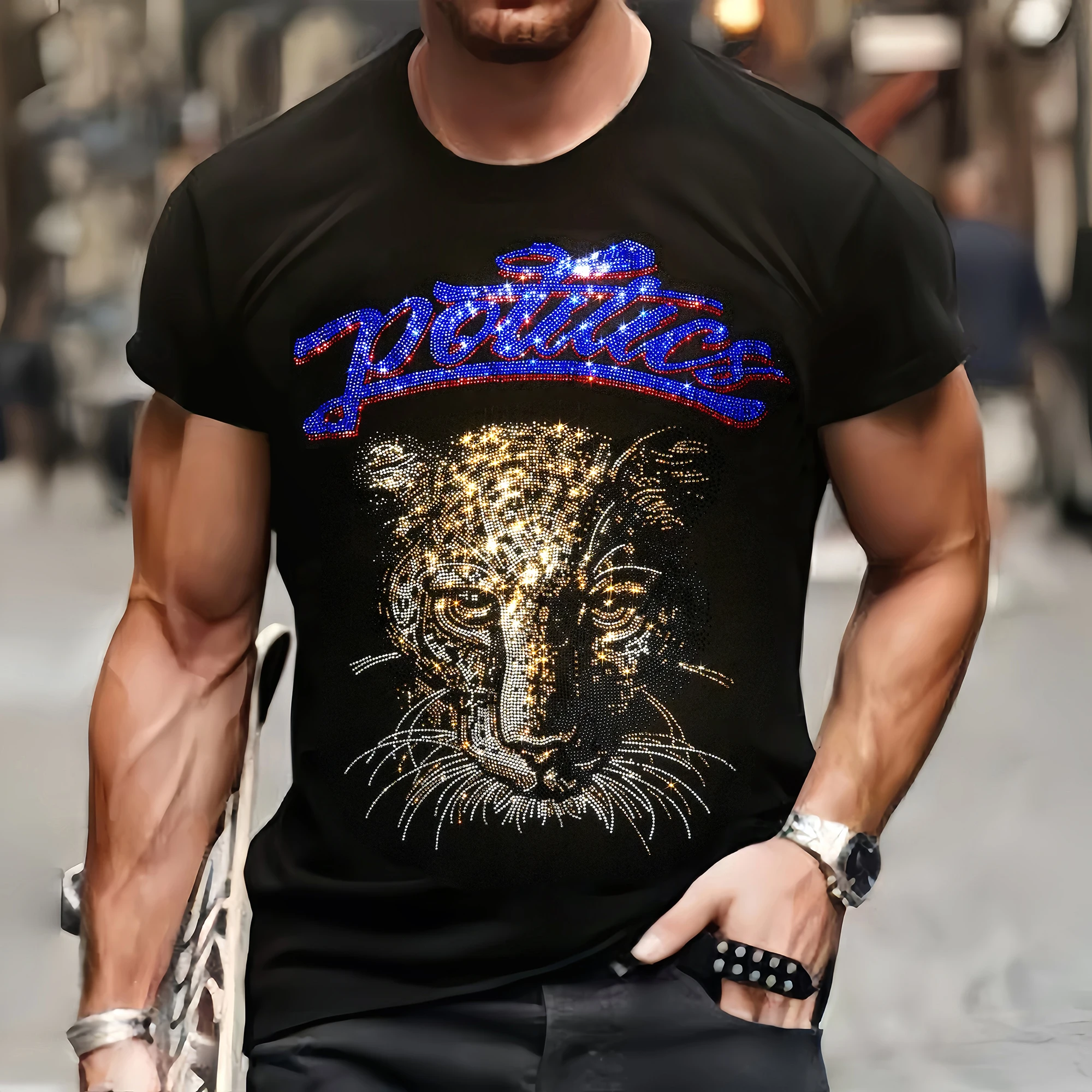 Fashion Mens Quality T-Shirts Spring Casual Street Short Sleeve Clothing Tee Tops O-Neck Leopard Rhinestone Club Tshirt Y2k New