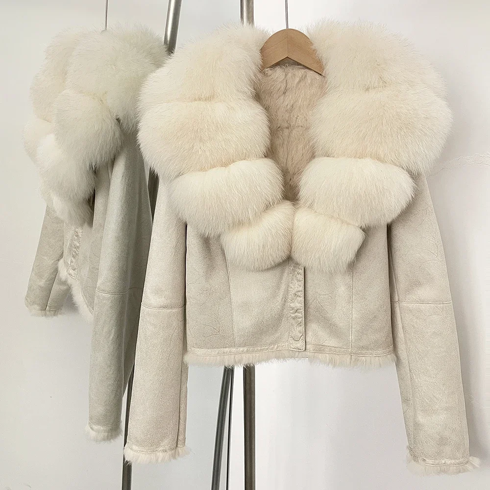 2025 Autumn Winter New Fur Jacket Suede Clothing Real Rabbit Fur Liner Women Fashion Slim Natural Fox Fur Collar Coat Female