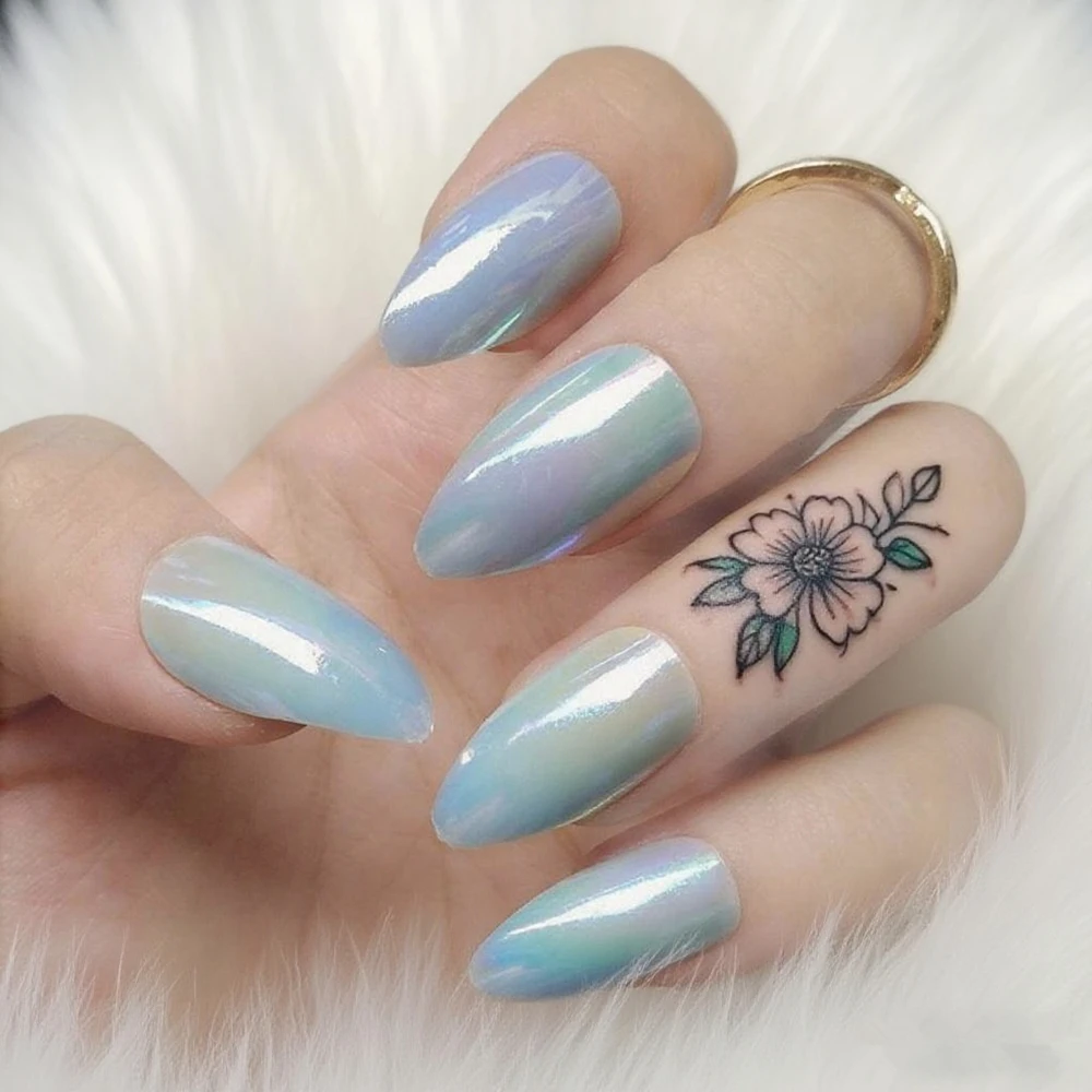 24Pcs Holographic Short Stiletto Press on Nails Reusable Fake Nails with Glue Sticker DIY Manicure Accessories