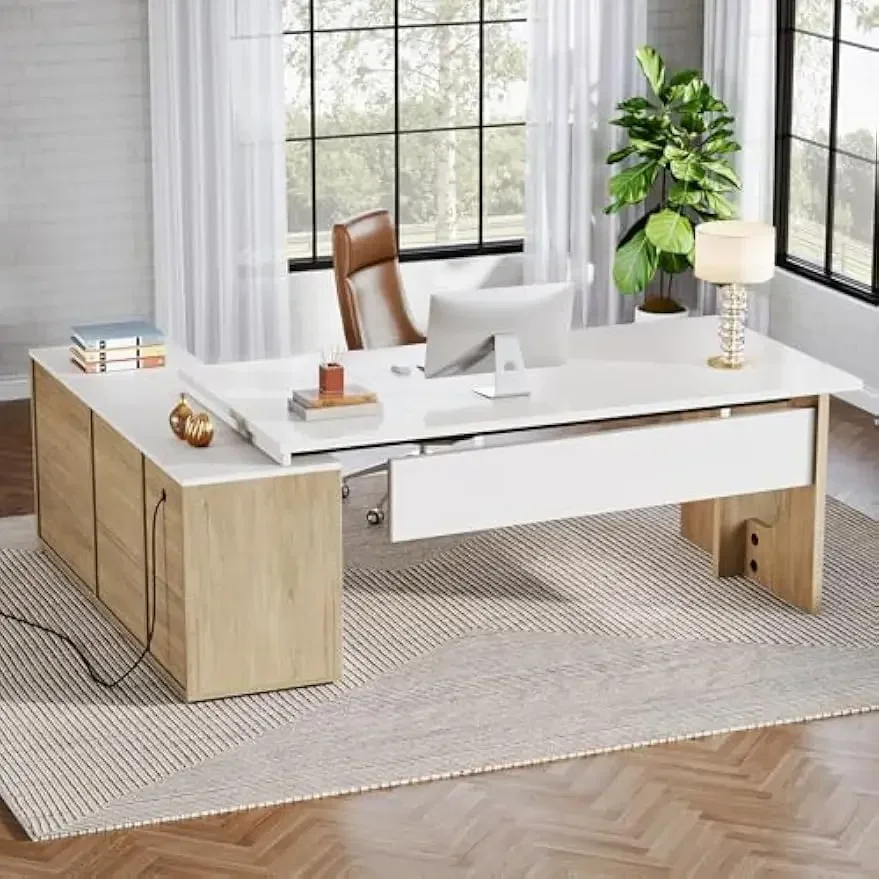 

74.8" Executive Desk, Large Office Desk with Cabinet, L Shaped Computer Desk with Shelves and CPU Storage