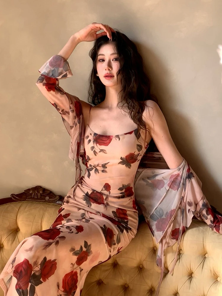 Women Vacation Clothes Sweet Floral Print 2 Piece Outfit Sexy Sling Slim Dress And Ruffled Tops Coat Set Suits Casual Autumn New