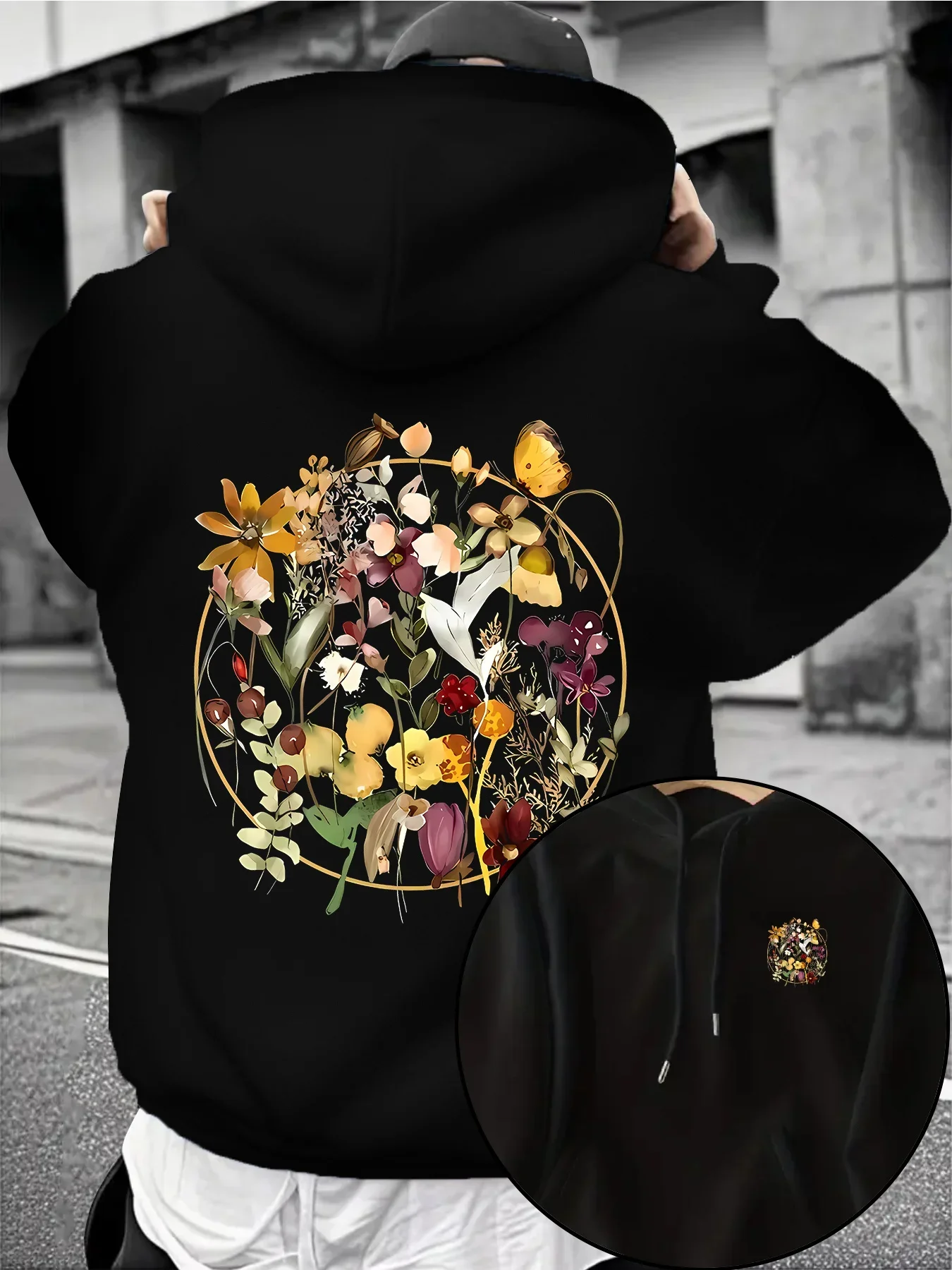 Vintage Botanical Art Men Hoodie Autumn Winter Floral Butterfly Front Back Print Sweatshirt Male Loose Street Daily Hooded Tops