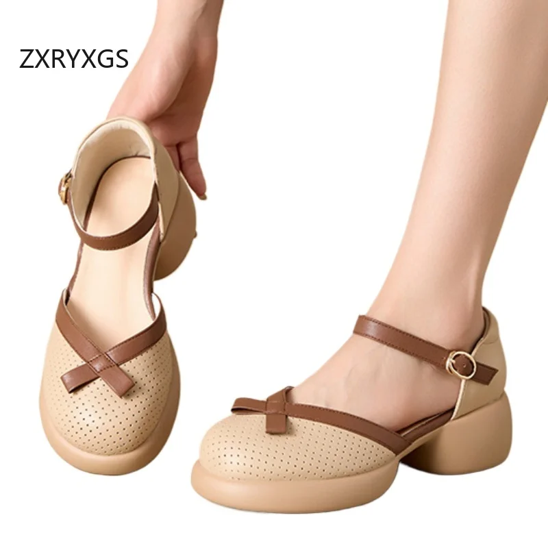 

ZXRYXGS 2025 новые летние сандалии из натуральной кожи с круглым носком и пустым цветным заклинанием, модные элегантные женские босоножки на высоком каблуке