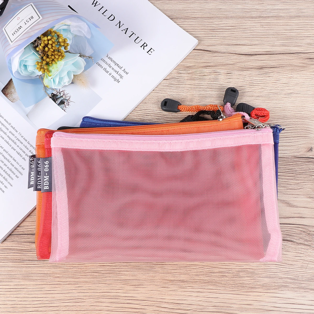 

5pcs Zipper Pencil Bag Transparent Lightweight Mesh Pen Holder For School Office Nylon Coin Key Card Case