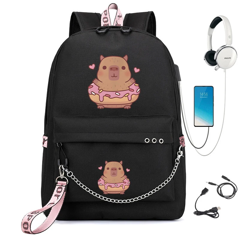 Modny plecak szkolny dla nastolatków plecak śliczny pączek kapibara uczniowie tornister dla dzieci Anime Cartoon Bag pack torba z portem Usb