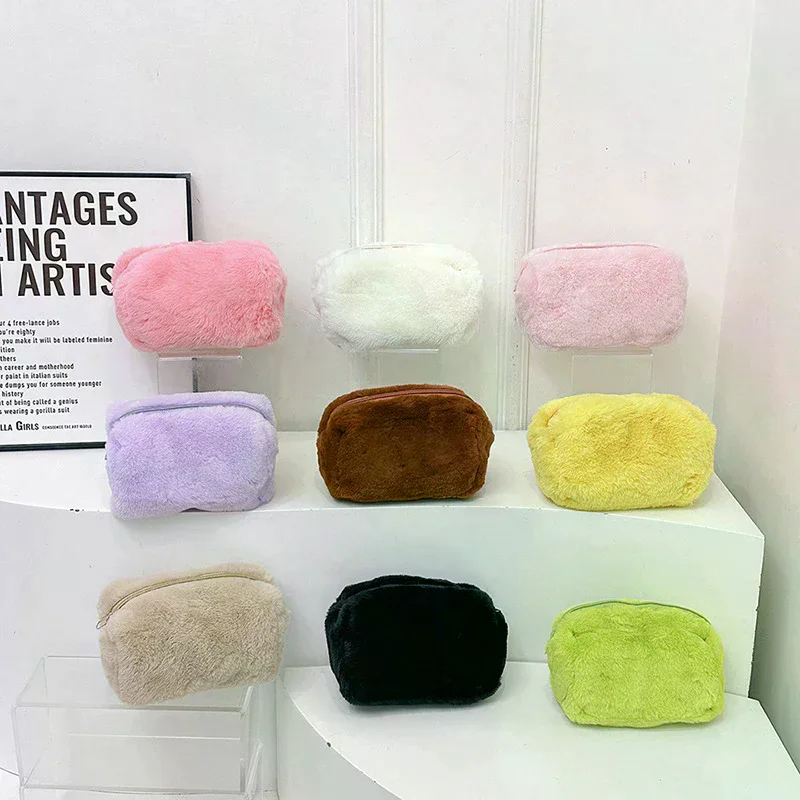 Solid Color Plush Pencil Case Tote Bag Candy Colored Portable Sweet And Soft Makeup Bag