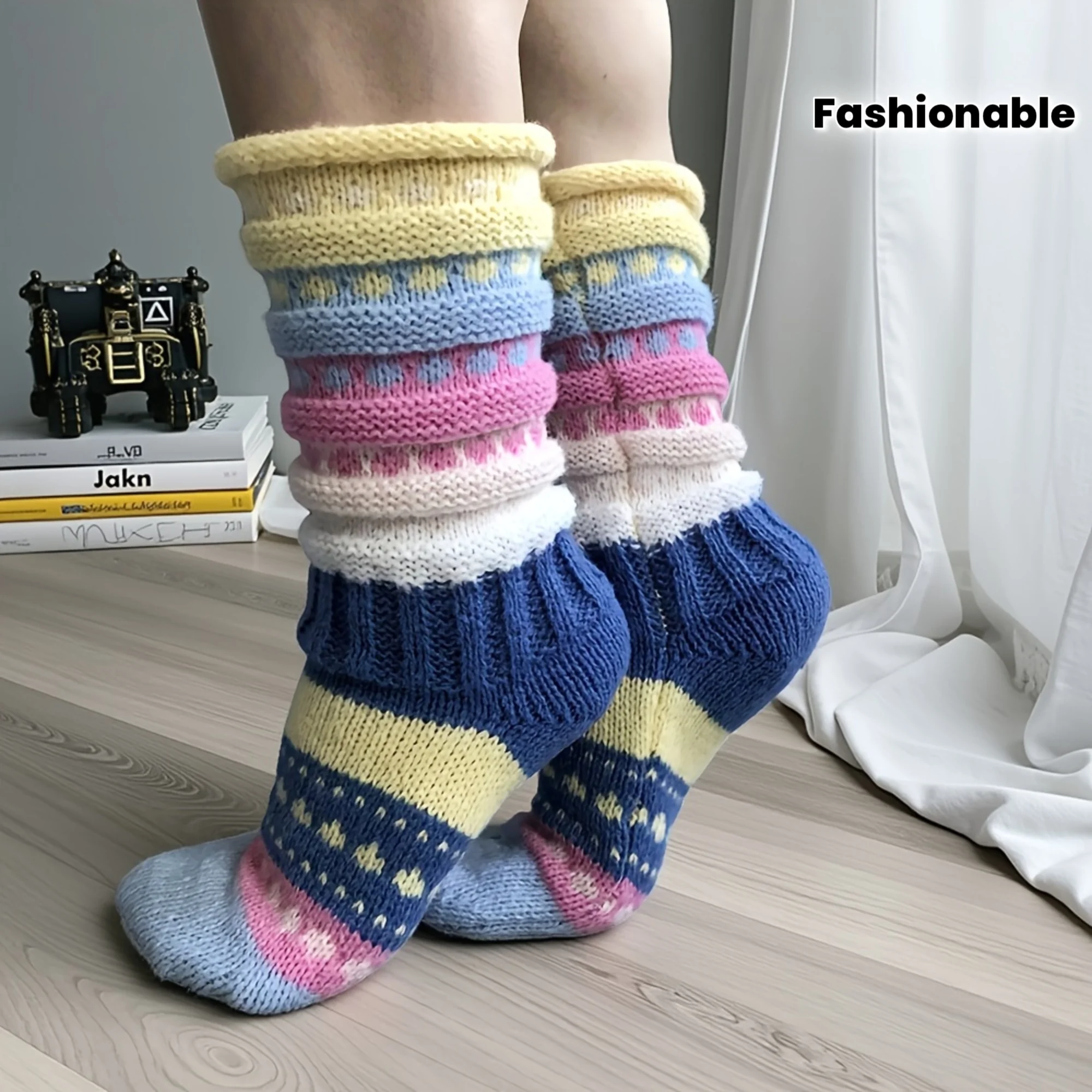 One Pair of Trendy Winter Women's Colorful Striped Cross-Border Mid-Calf Warm Floor Socks