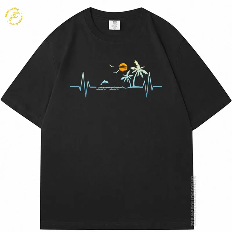 

Cotton Tshirt Man Heartbeat With Tropical Palm Trees Beach Island Sunset 2025 Hot Oversized T-Shirt Male T Shirt Men T-Shirts