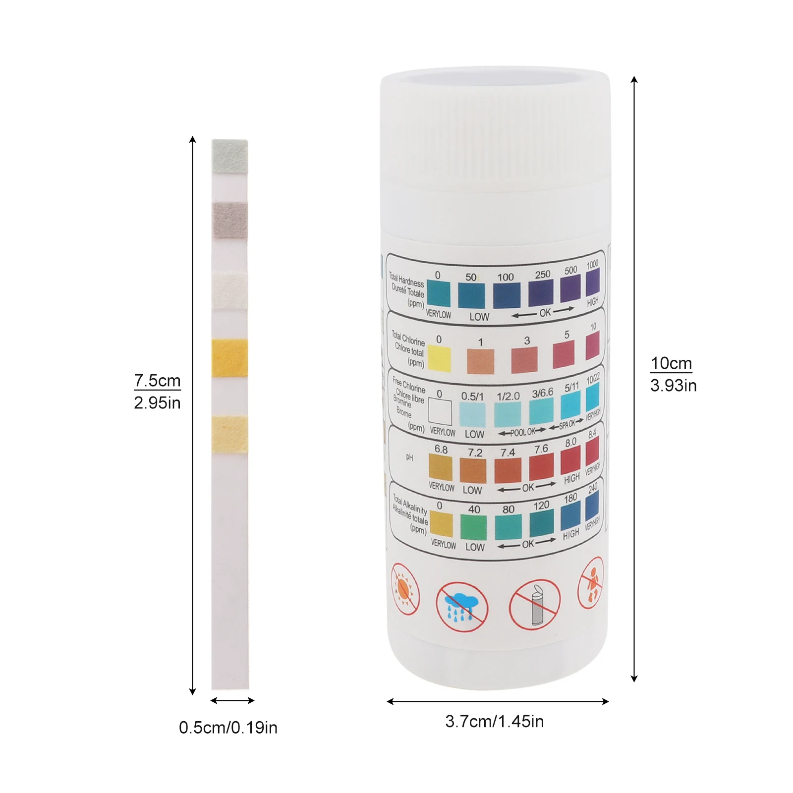 50pcs 5 In 1 Swimming Pool Test Strips pH/total chlorine/free chlorine/alkalinity/hardness, Spa and Hot Tub Testing Strips Kit