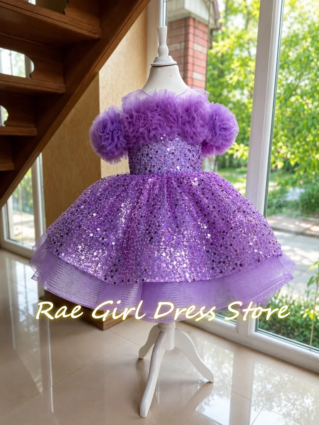 Lavender Glitter Tulle Baby Girl Dress For Birthday Photoshoot Mini Length Off Shoulder  Layer Hem Tutu Skirt Kids Formal Gowns