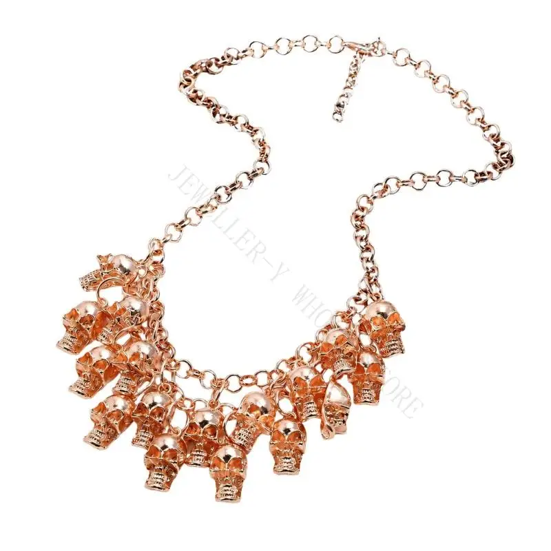 R7UF Alternative Fashion Halloween Skull Necklace with Bold Front Chain Drape and Alloy for Parties and Daily Styling