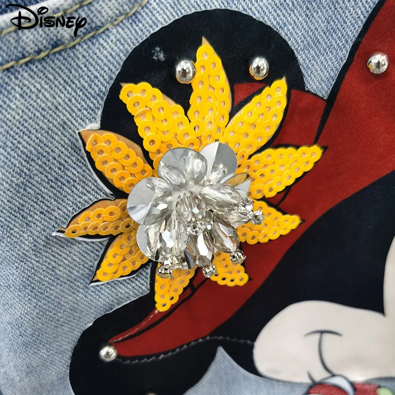 Disney New Arrival moda z najwyższej półki bawełniana damska haftowana koralikami z miki myszka letnia duże nieregularne z wysokim stanem