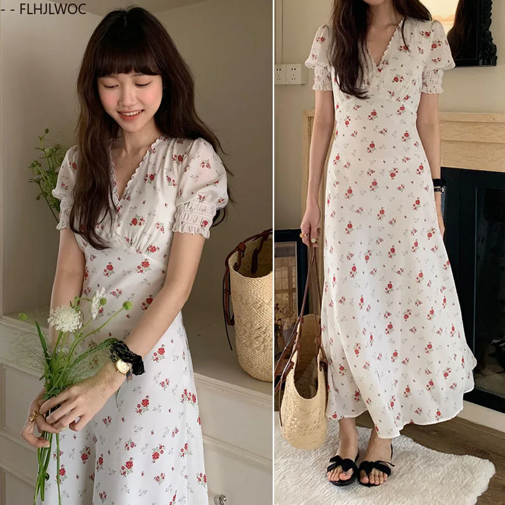 Korea szykowna sukienka 2025 letnie wakacje data dziewczyny V Neck drapowane słodkie romantyczne kwiatowe drukowane damskie długie sukienki Vestidos