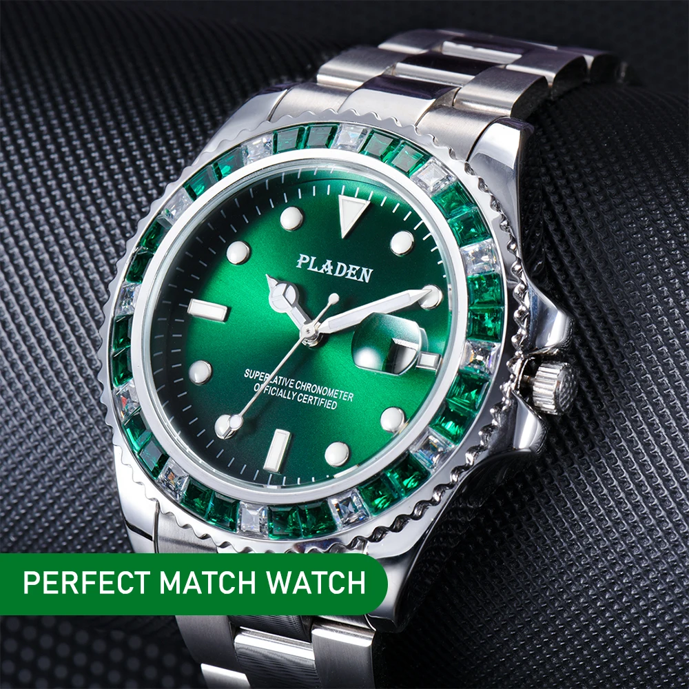 PLADEN Luxury Green Watch For Mens Automatic Date Stainless Steel Clock Fashion Diamond Waterproof Quartz Wrist Watch Man 2023