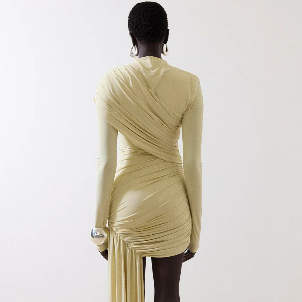 ชุดเดรสผ้าพลีททรงเอ แขนยาว คอทรงกลม สีพื้น สไตล์ยุโรปและอเมริกา สำหรับผู้หญิง พร้อมริบบิ้นตกแต่งแบบไม่สมมาตร