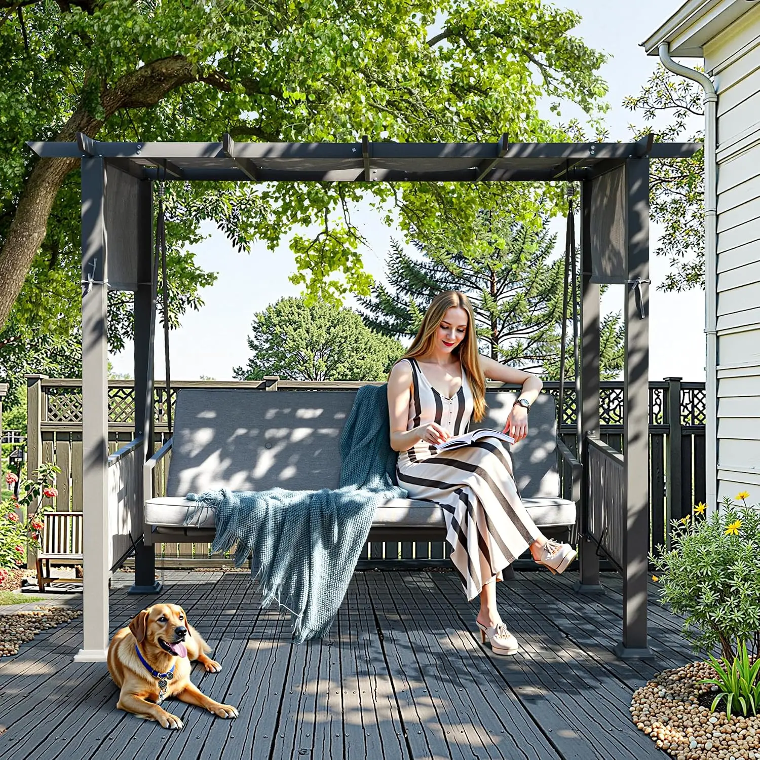 2-in-1 Convertible Porch Swing Bed, 3-Seat Elegant Patio Swing with Wicker Armrests, Outdoor Chair with Adjustable, Customized