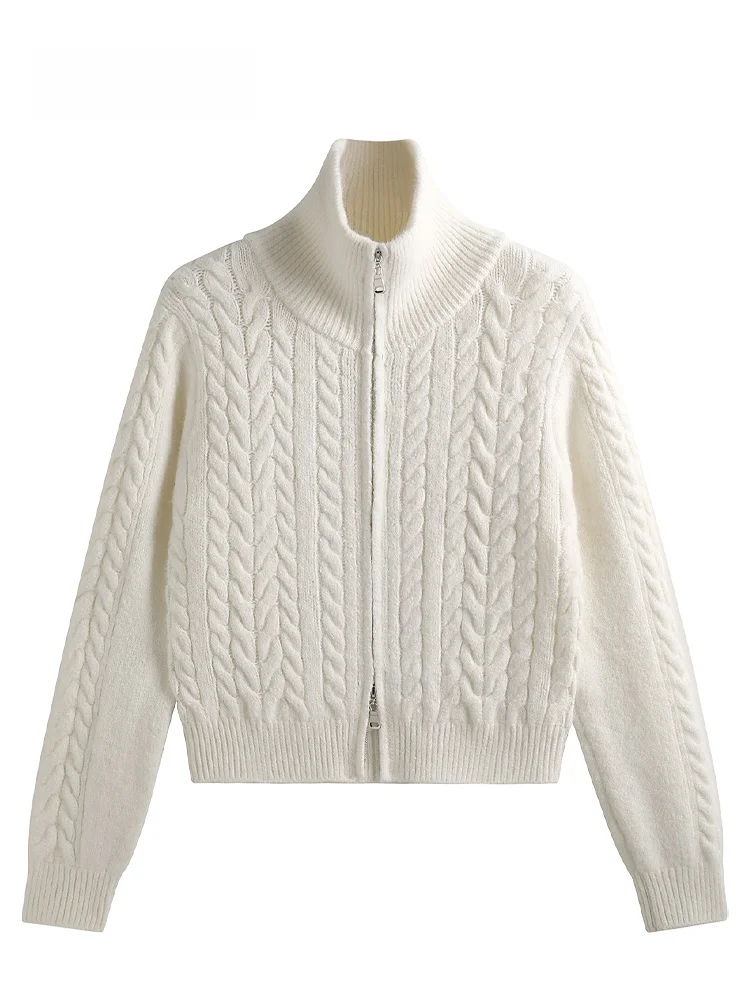 

JZZDEMM High Collar Twist Zipper Open Cardigan Knitted Sweater Women's Faion Autumn Winter Top Sli Slim Fit Long Sve