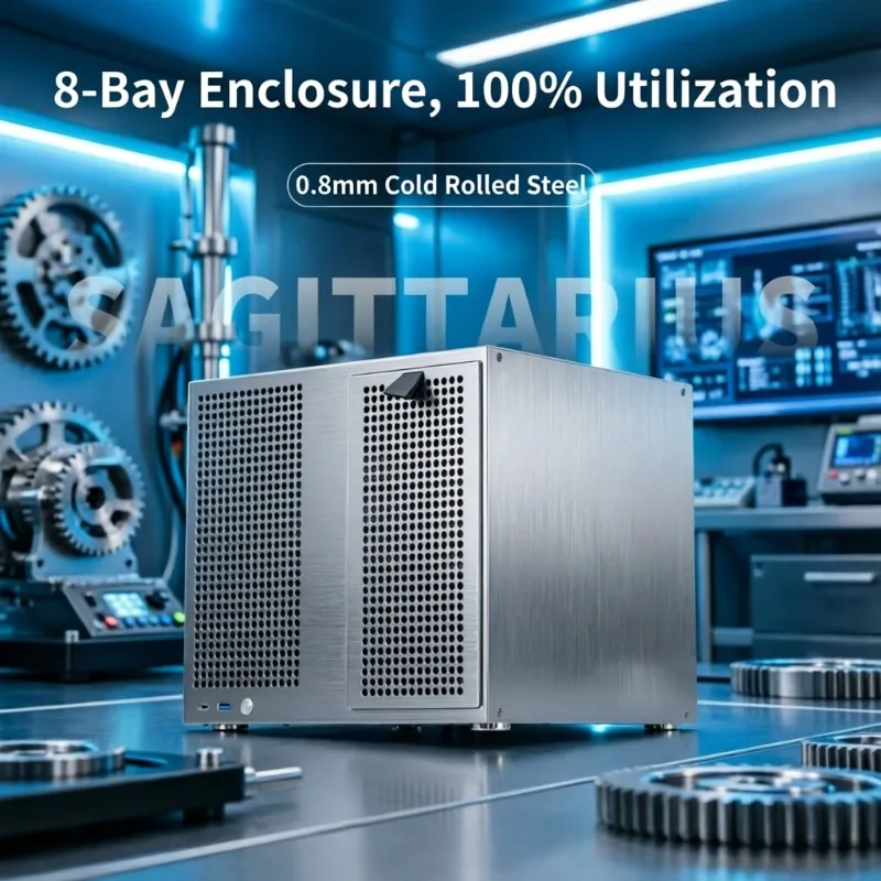 Magnetic Front Panel 8-Bay NAS Case, 0.8mm Steel Dual Chamber Isolated Cooling, 100% Space Use Tool-less for AIO Server