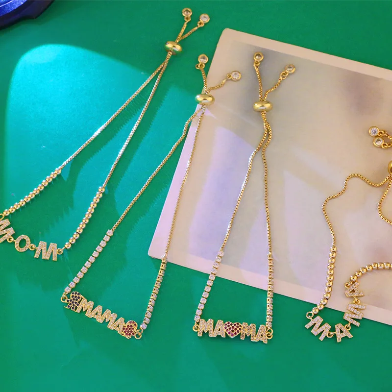 FLOLA Gold Plated Chain MAMA Letter Bracelets For Women CZ White Stone Crystal MOM Bracelet Mother Jewelry Gifts brtd42