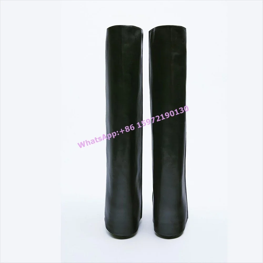 Turn Over Edges Black Boots Pointy Toe Sewing Slip On Thin Heels Solid Knee High Boots Women's Concise Basic Fashion Shoes 2025