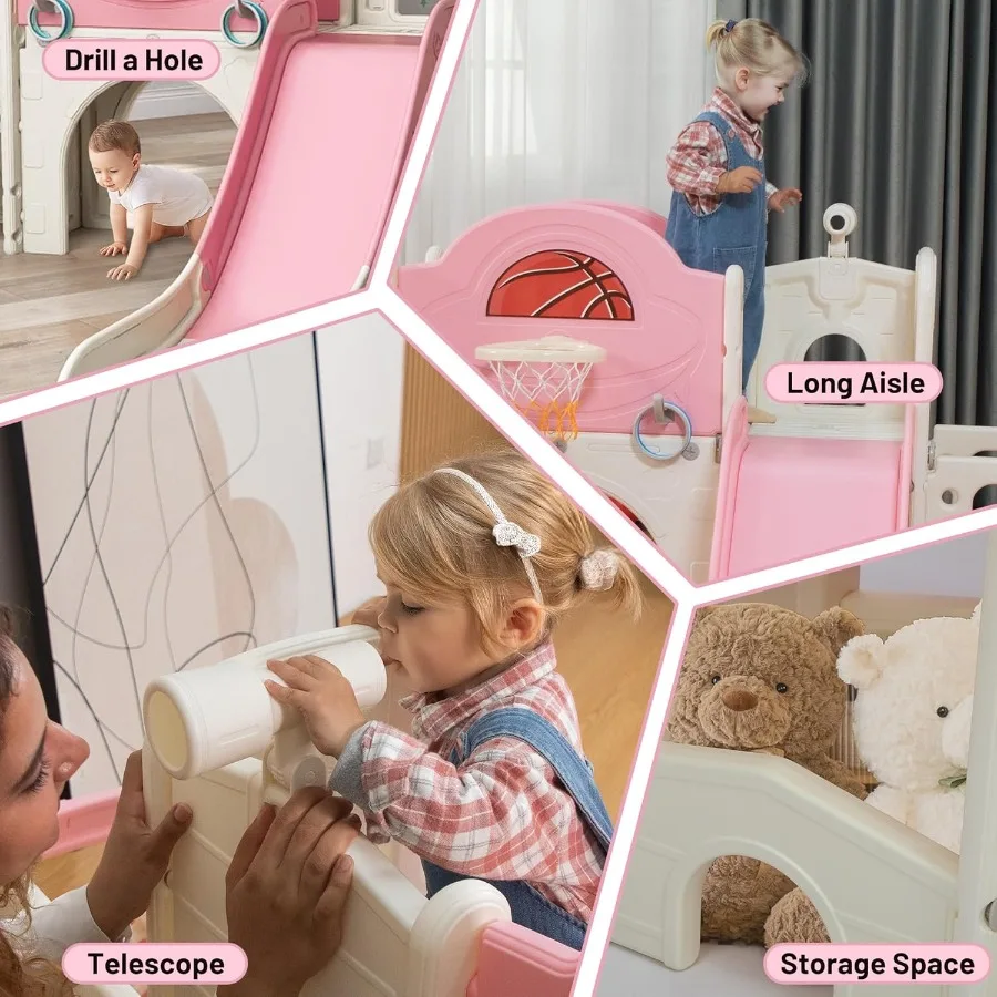 9 in 1 Toddler Slide BusThemed Slide and Climber Playset with Basketball Hoop RingToss Car Playhouse Telescope Freestanding Ind