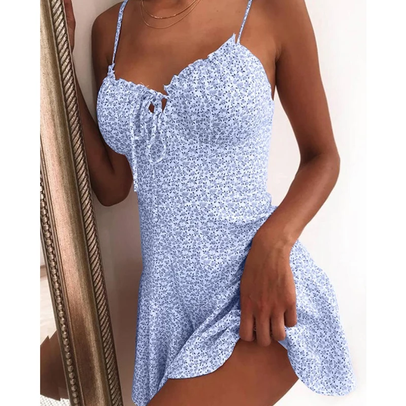 Mini robe décontractée à bretelles florales pour femmes, robe d'été sexy pour femmes, vacances Boho, col en V, vacances, plage, nouveau, 2024