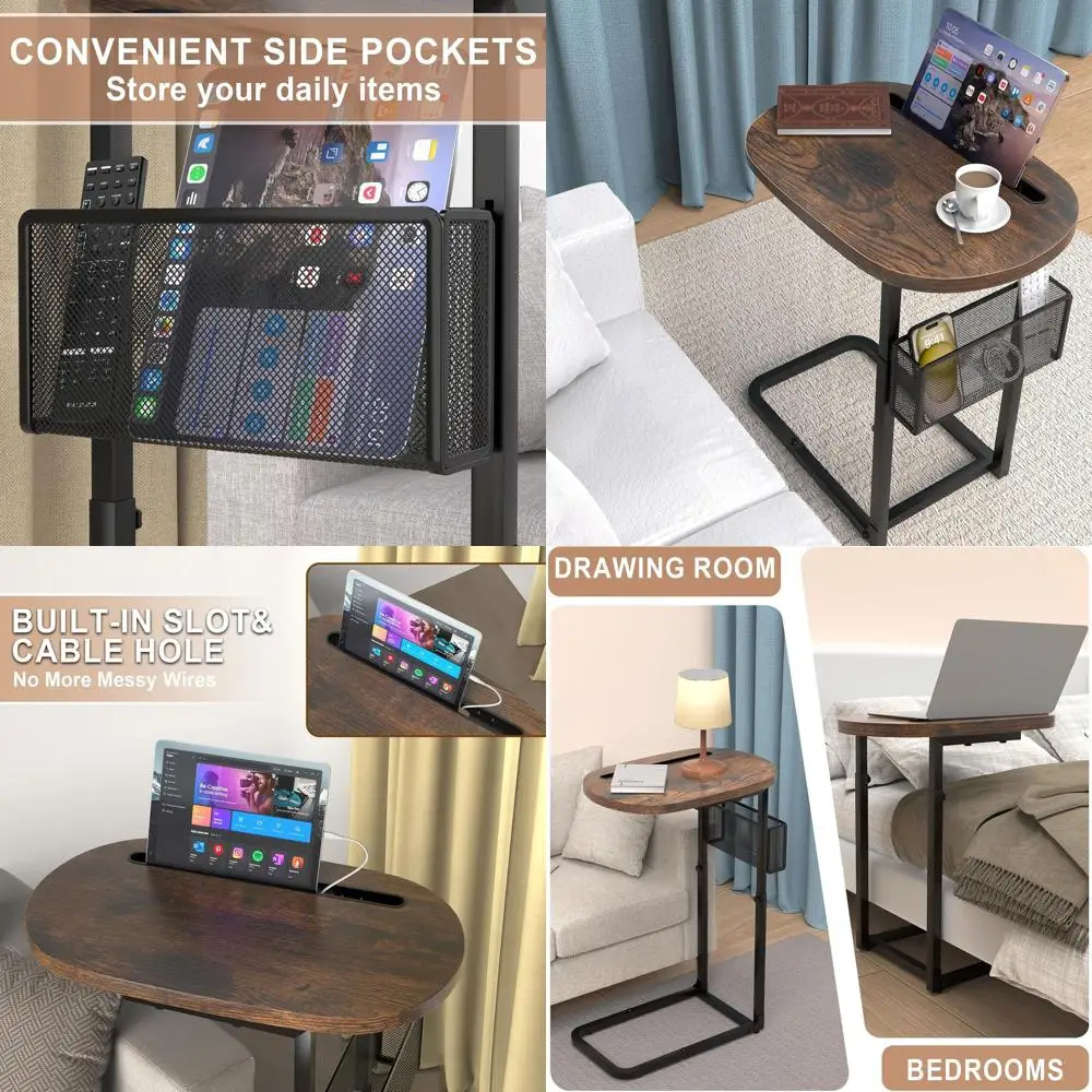 

Large Oval Brown TV Tray Table with Storage Baskets, Adjustable Metal Frame for Snacks and Meals