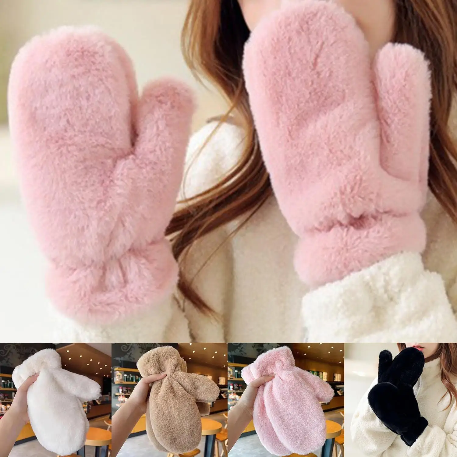 

Winter Plush Warm Gloves Thicken Soft Fluffy All Fingers Gloves Cute Windproof Warmer Mitten Women Solid Color Keep Warm Mittens