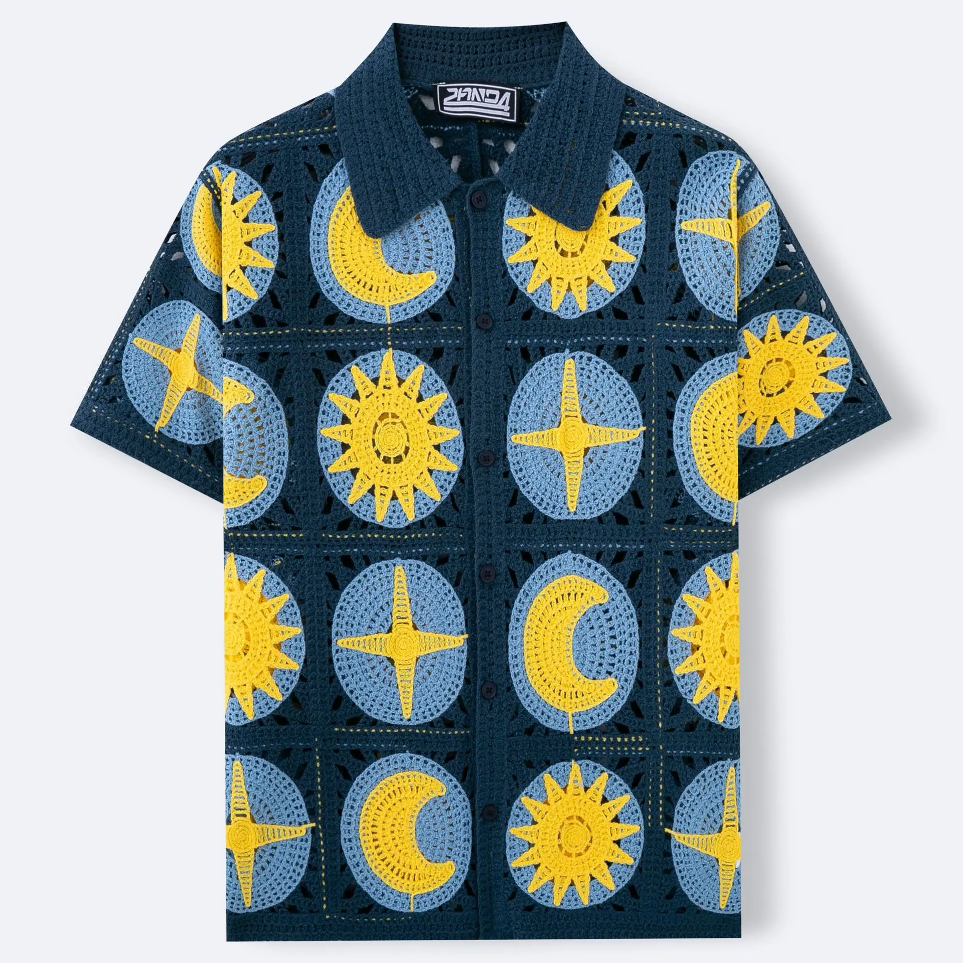 Men's Retro Hawaiian Short Sleeve Knitted Shirt Luxury Fashion Hook Flower Hollow Holiday Cardigan Polo Top