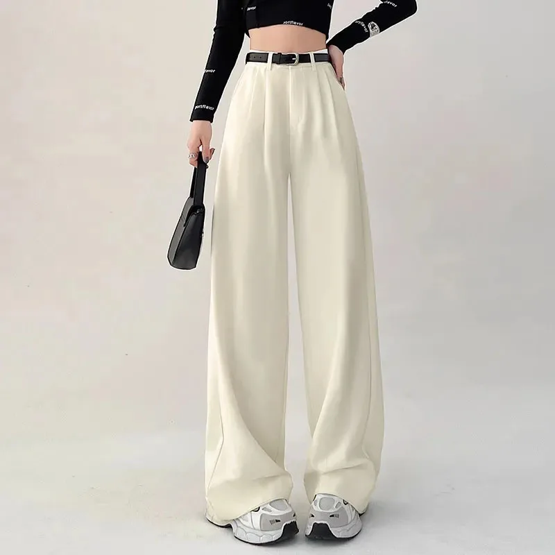 High Waist Belt Wide Leg Suit Pants Y2K Fashion Baggy Korean All-Match Trousers Solid Elegant Office Ladies Chic Straight Pants