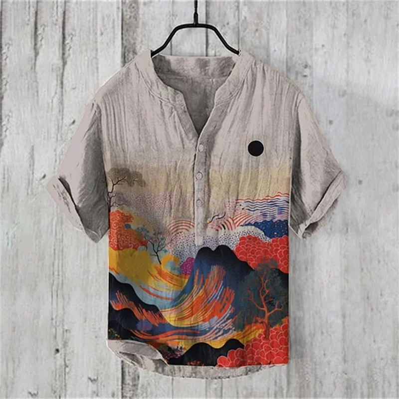 Spring/Summer New Short sleeved Shirt 3D Retro Art Outdoor Illustration Casual Loose Pullover V-neck Button Shirt Fashion Men's