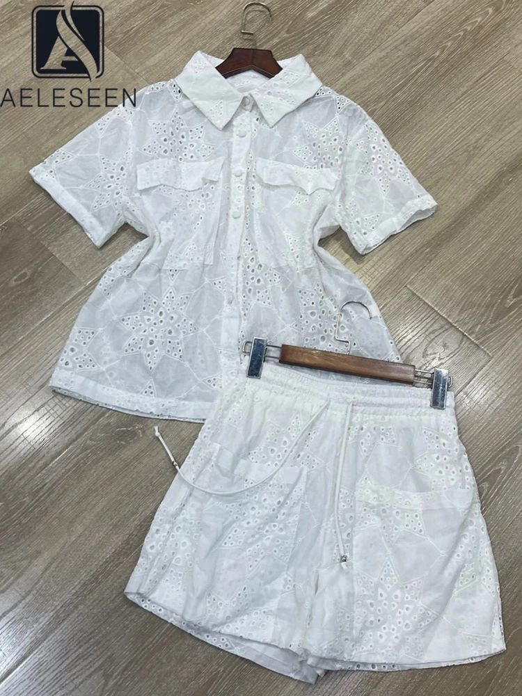 AELESEEN High Street Casual Set Women Summer Turn-down Collar Hollow Out Pockets Short Top + Short 2 Pieces Holiday Vacation