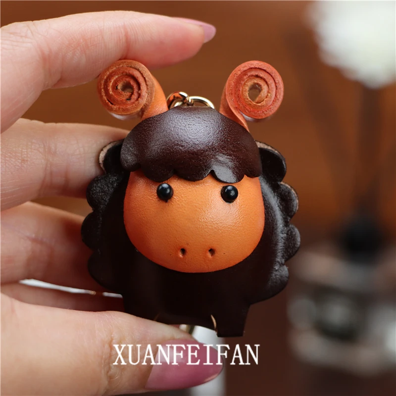 Head Layer Cowhide Leather Lamb Pendant Car Keychain Leather Rope Bag Charm Accessories Zodiac Gift