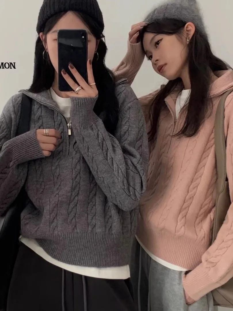 

Autumn Winter Knitted ort Sweater Zip Collar Loose Fit Base Layer Lazy Versatile Top Korean Sle Lazy Girl ential irt