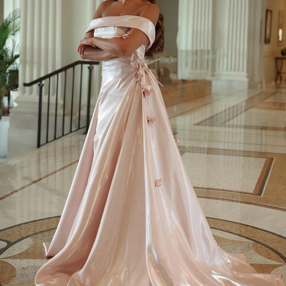 Elegant Luxury Evening Dress 2024	Off the Shoulder 3D-Flowers Satin Lace Up A-Line Sweep Train Chapel Train Bespoke Occasion