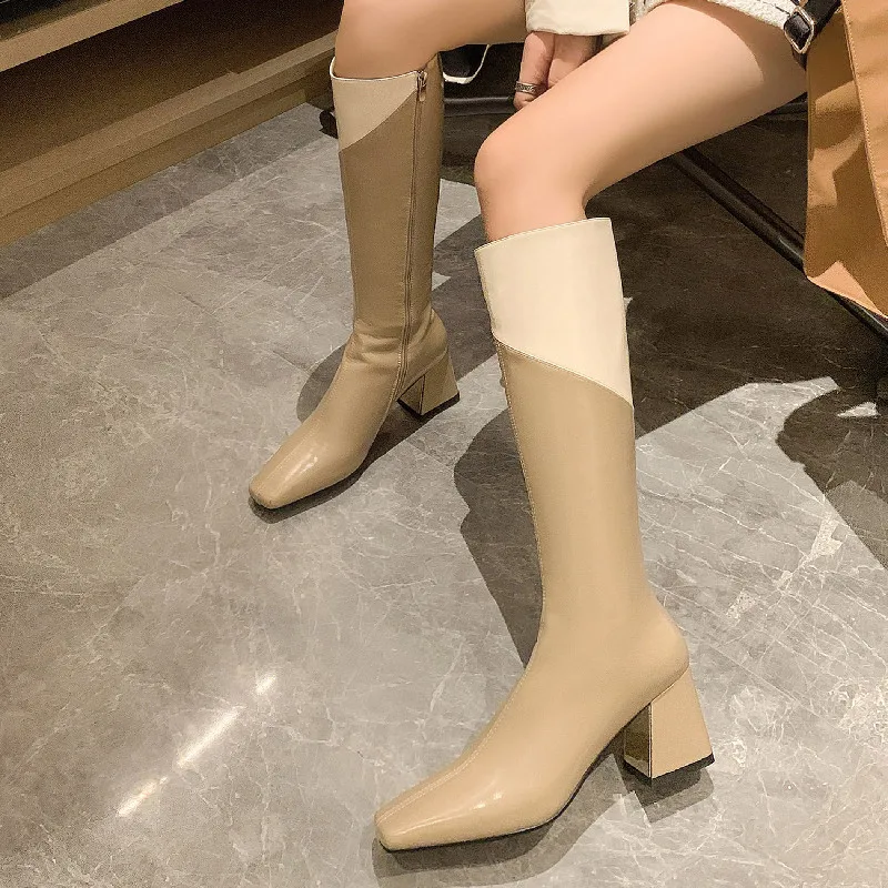 FEDONAS Autumn Winter New Arrival Women Knee High Boots Fashion Mixed Colors Genuine Leather Thick Heels Square Toe Shoes Woman