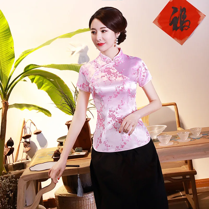 

Plus Size 3XL 4XL Tang Style Top Pink Printed Cheongsam Shirt Summer Short Sleeves Qipao Vintage Chinese Traditional Costume