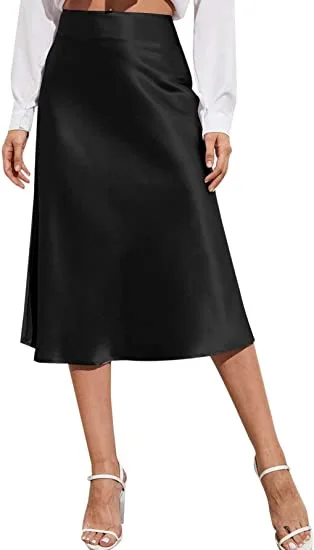 Satin Skirt Women's Summer Mid-length Skirt Long Zipper Elegant Skirt High Waist Solid Color Skirt