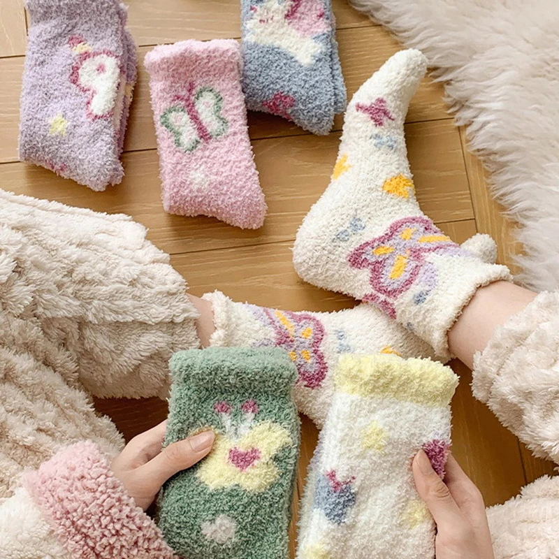 

1Pair Lovely Socks For Women Kawaii Thicken Cashmere Middle Tube Socks Sweet Girls Soft Warm Outwear Floor Wear Socks