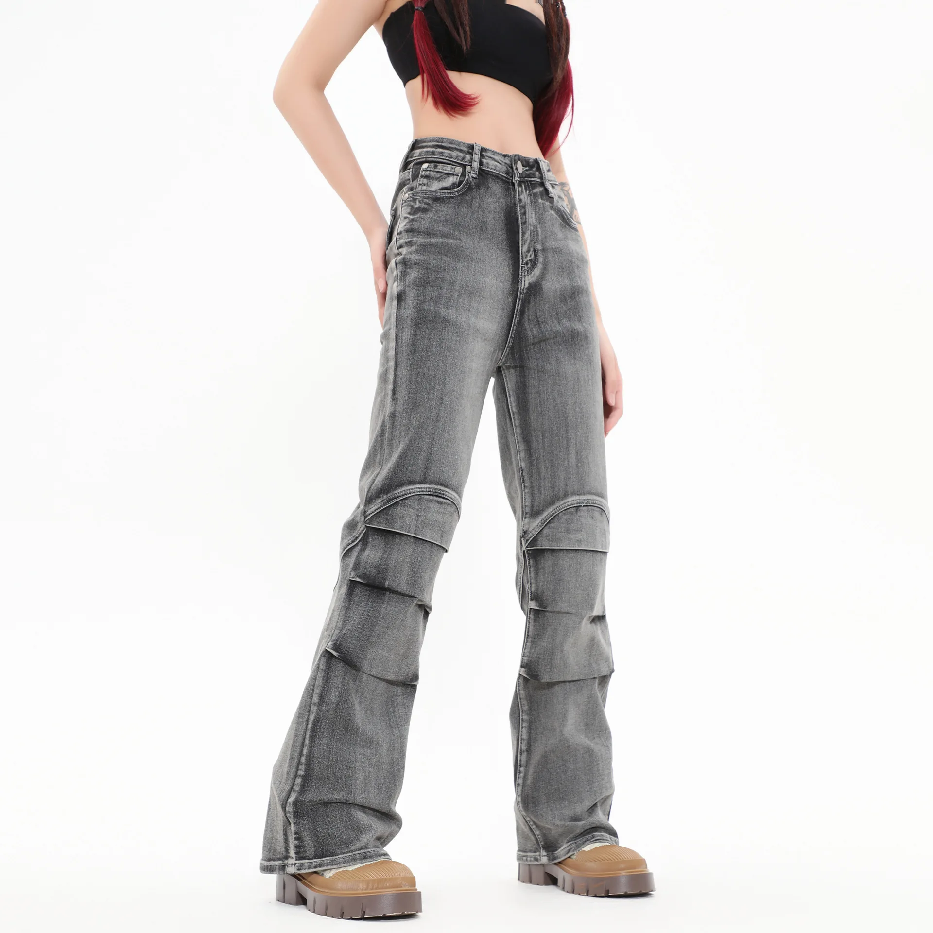 OR FL Women's Wasteland Wind Wash And Age Splicing Cotton Jeans Neutral Fold Design Sense Tapered long Pants Y2k
