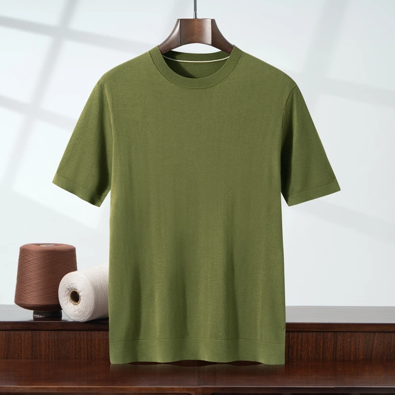 

MVLYFLRT Summer New Thin Short Sleeved Men's 100% Lyocell Round Neck Pullover T-Shirt Casual Solid Color Men's Clothing Tops