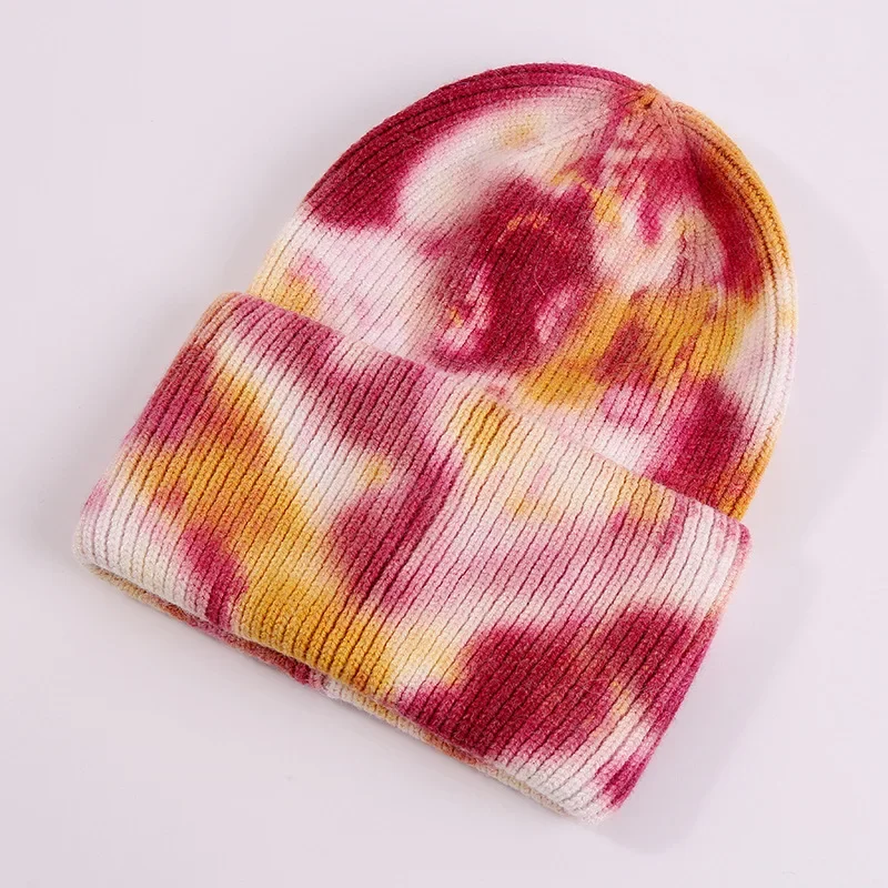 Unisex Kühlen Winter Männer Frauen Gradienten Tie Dye Hut Skullies Mützen Acryl Stretch Stricken Sport Winddicht Warme Kurze Melone Kappe r80 – Detail 3