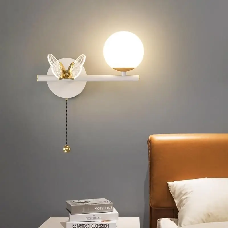 Luxury Bedroom Decoration Wall Lamp LED Metal Body Acrylic Lampshade Creative Butterfly Sconce Light Lustres With Chain Switches