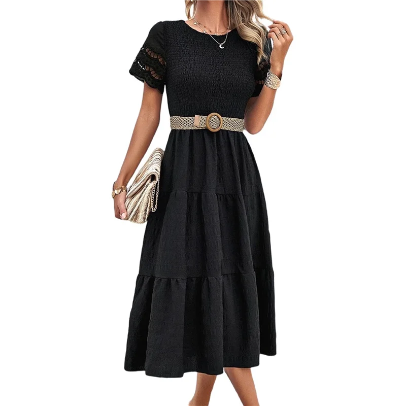 A83F-Vestidos elegantes de color sólido para primavera y verano para mujer, vestido largo recortado con cuello redondo