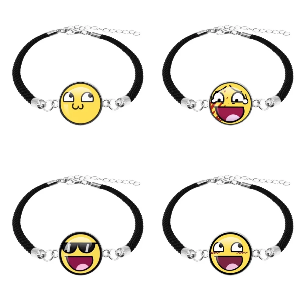 Creative Epic Face Funny Epic Face Meme Smile Face Patten Glass Dome Cabochon Black Rope Bracelet Charm Jewelry Gift For Friends