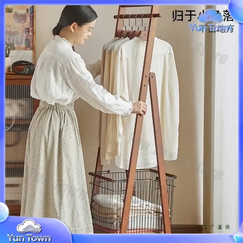 Solid Wood Removable Coat Rack for Floor to Ceiling Hanger Bedroom Corner Space Saving Dirty Basket Small Vertical Clothing